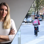 Montage med bild på Foodora-bud som cyklar längs en gata, samt bild på skribenten.