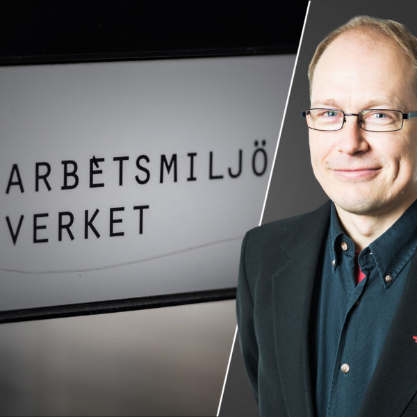 Montage: Seko Stockholms Patrik Öhrnell framför Arbetsmiljöverkets skylt