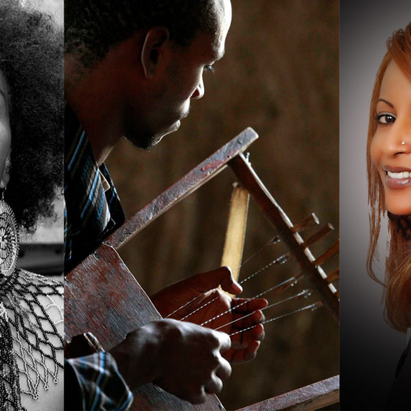 Tre sammansatta bilder. Ett svartvitt porträtt av sångerskan Faytinga som tittar uppåt, en bild på en man som spelar det eritreanska harp-instrumentet krar, och Helen Meles, leendes mot kameran.