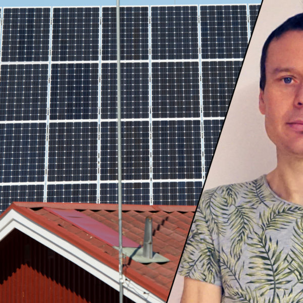 Solpaneler ovanför ett falurött hus och Petter Johansson, central ombudsman på Elektrikerna
